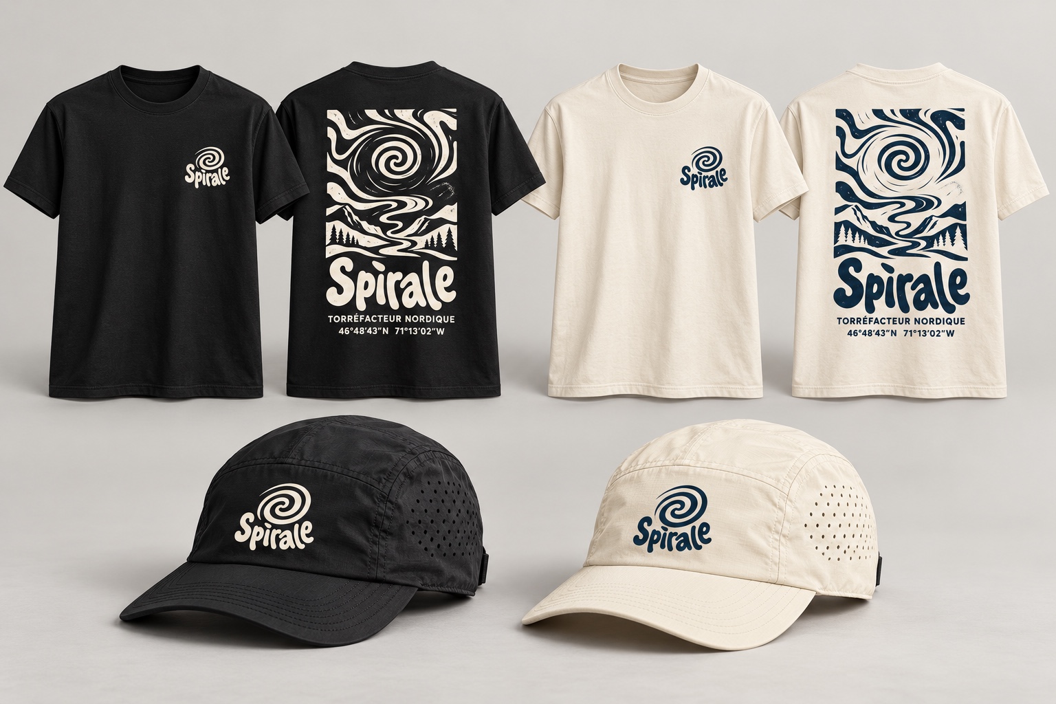 T-shirts Spirale noirs et ivoire : petit logo sur la poitrine et grand artwork au dos